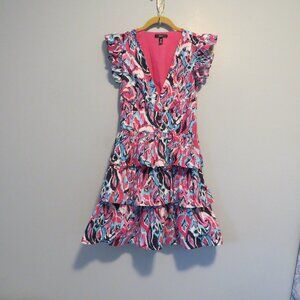 Aqua V-Neck Ruffled Mini Dress Pink Blue White Cotton Sz XS